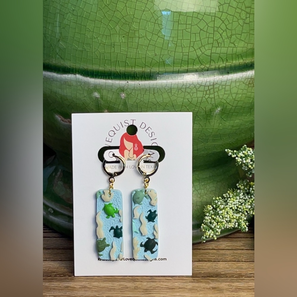 Handmade Hoop Turtle Glow Clay Dangle Earrings